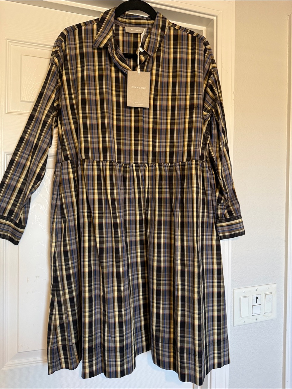 Everlane Plaid Button-Front Shirt Dress in Black, Cream, Olive and Blue